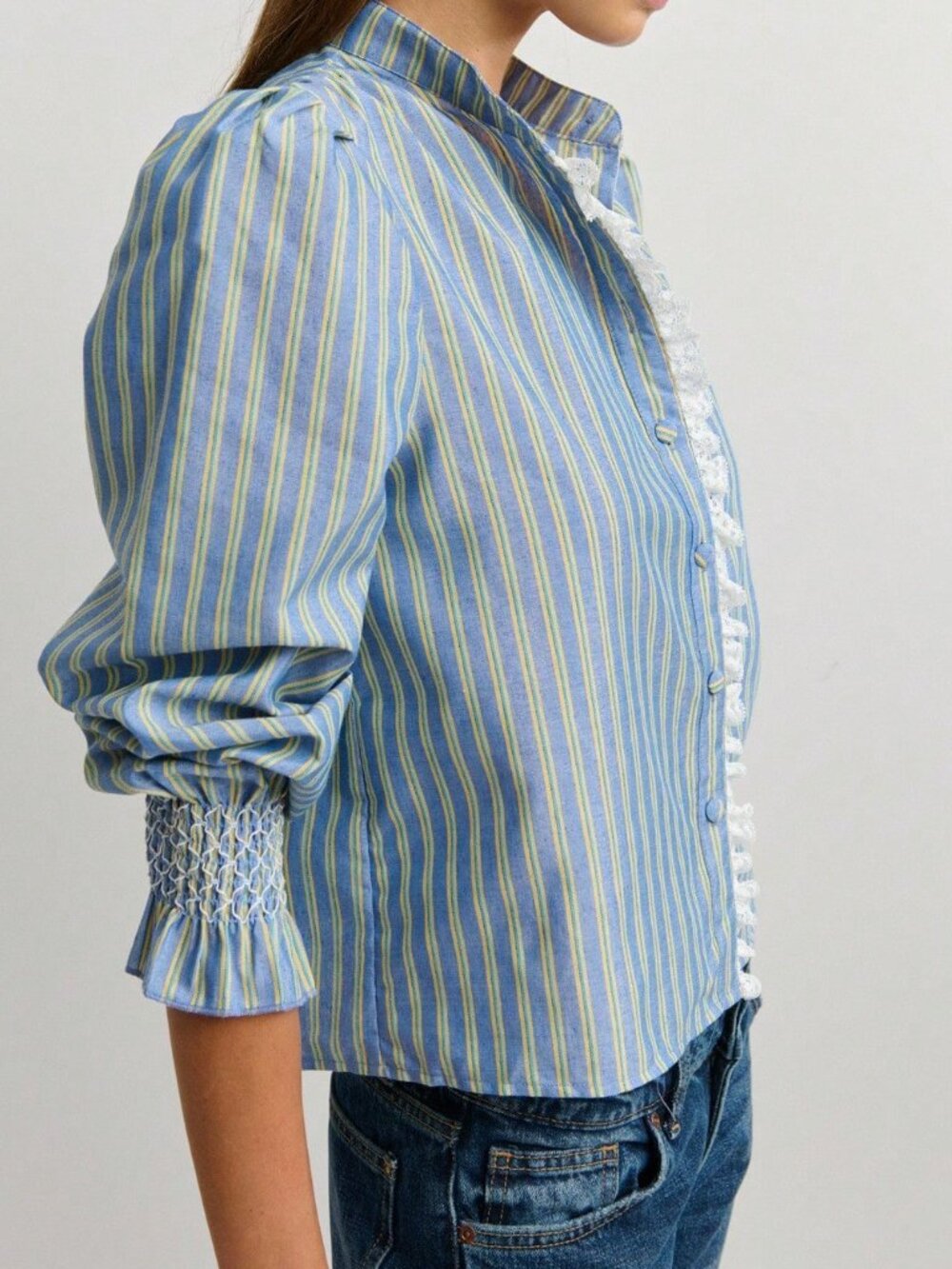 Multicolor Casual Women's Ruffle Button Front Stand Colla Shirt
